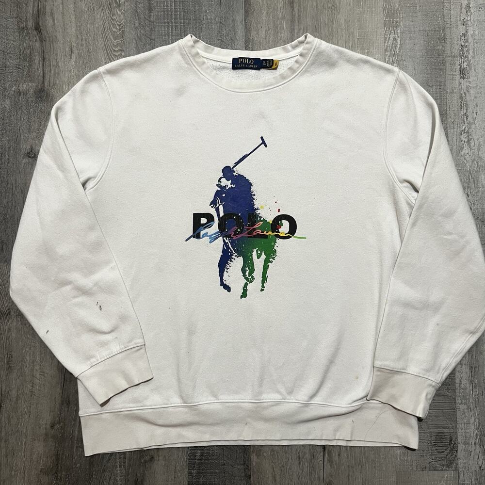 Polo Ralph Lauren Neon Paint Splatter Big Pony Spell Out Sweatshirt Sz XL READ